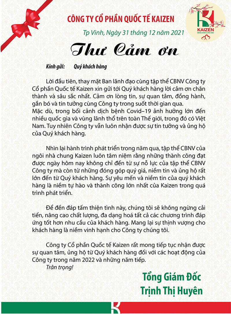 Thư cảm ơn Khách hàng của Tổng Giám Đốc Công ty CP Quốc tế Kaizen
